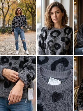 DKNY Fleece Cropped Sweater Size Large Crew Neck Leopard Print Gray Black